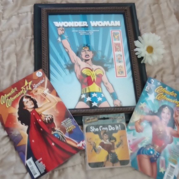 DC Comics Other - Wonder woman vintage forever stamp poster, two comic books, bombshell sticker